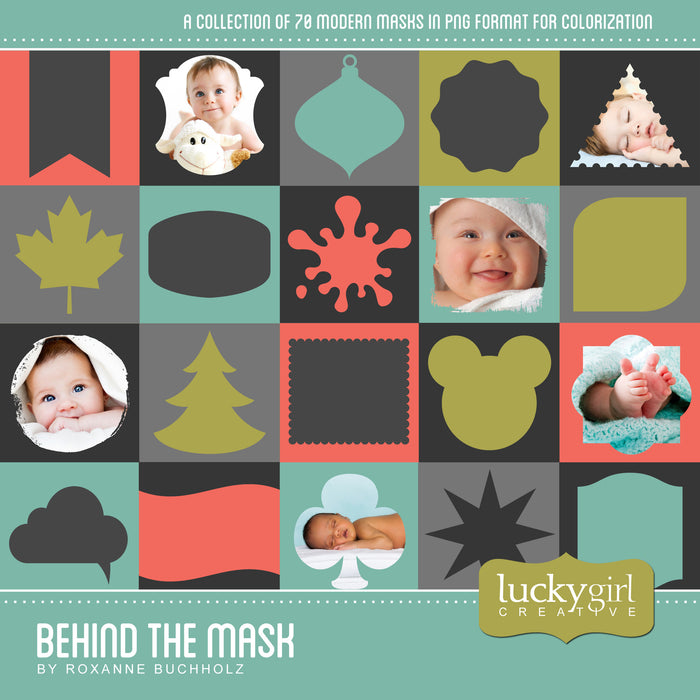 Behind the Mask Digital Scrapbook Kit contains 70 digital art mask pieces in all kinds of different shapes and designs in .png format so that you can create your own perfect masks, whether it be for photos or paper shaping. No more using only square, rectangle, round, or oval shapes. All .png files are set for custom colorization and allow that extra special look to your scrapbook projects.