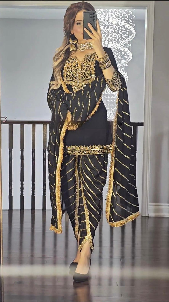 Black New Party Wear Look Top Dhoti Salwar and Dupatta Set