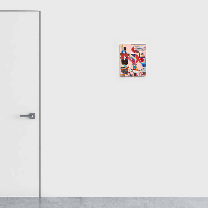 The artwork 'Fatalism dances with hope' by Sasha Hallock features abstract geometric shapes in vibrant red and blue hues against a white background. The composition displays bold brushstrokes and angular forms creating dynamic movement. Mixed media techniques on paper mounted on wood showcase layered textures and contemporary artistic expression.