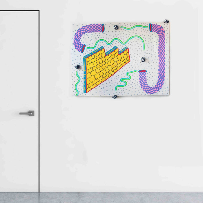 The artwork 'Flowin' through Tubes in an Infinite Loop' by Ryan Patrick Martin features vibrant purple tubular forms and yellow geometric patterns against a white dotted background. The composition includes mint green wavy lines connecting the tubes, creating a playful system of interconnected pathways using acrylic, enamel, and epoxy clay on canvas.