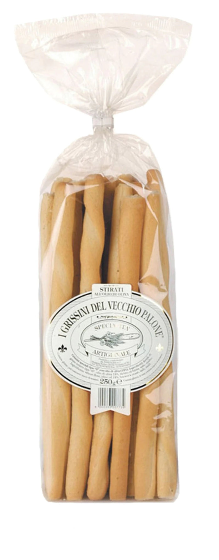 A clear plastic bag sealed at the top contains GRISSINI DEL VECCHIO PALONE - BREADSTICKS by INTERNATIONAL GOURMET FOODS, long rustic breadsticks with a round white label—perfect for charcuterie and inspired by northern Italy.