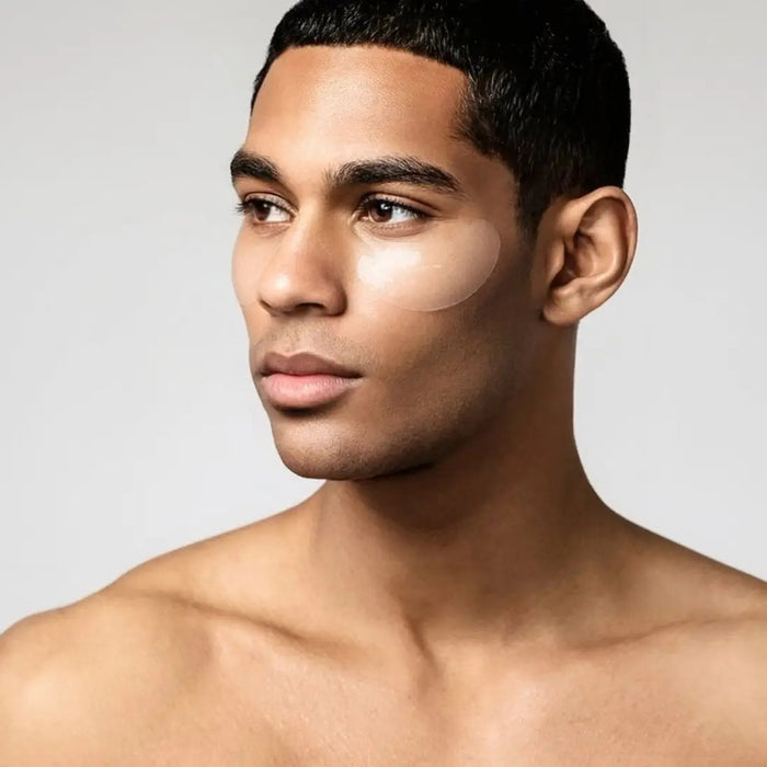 A black JAXON LANE - BRO MASK HYDROGEL COOLING EYE GEL MASKS packet sits beside a clear tray with two white hydrogel eye gels, highlighting anti-aging, hydrating, and brightening benefits—perfect for dark circles.