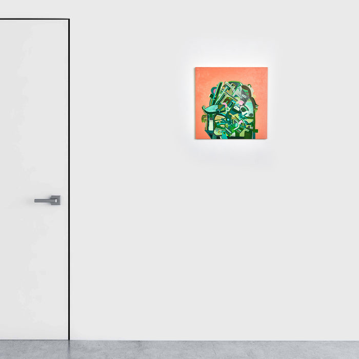 The artwork 'Joyful Reunion in Springtime' by Sasha Hallock features overlapping geometric shapes in vibrant emerald and forest green tones against a warm coral background. The abstract composition combines sharp angles and organic forms, created with acrylic and oil on wood panel, measuring 18x18 inches. The layered elements suggest movement and interconnection.