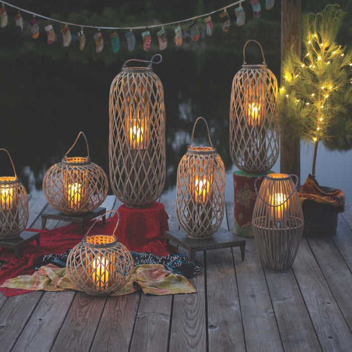 Candle Lantern Kalalou CLUX1010 Small Round Grey Willow Lantern With Glass Candle Insert Kalalou