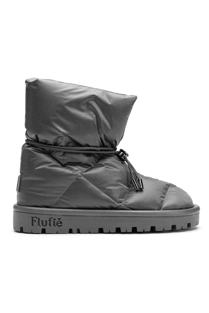 The FLUFIE METALLIC PILLOW BOOT is a pair of gray, insulated slippers with drawstring closures, a high folded collar, water repellent fabric in a subtle circular pattern, designed for warmth and shown on a white background.