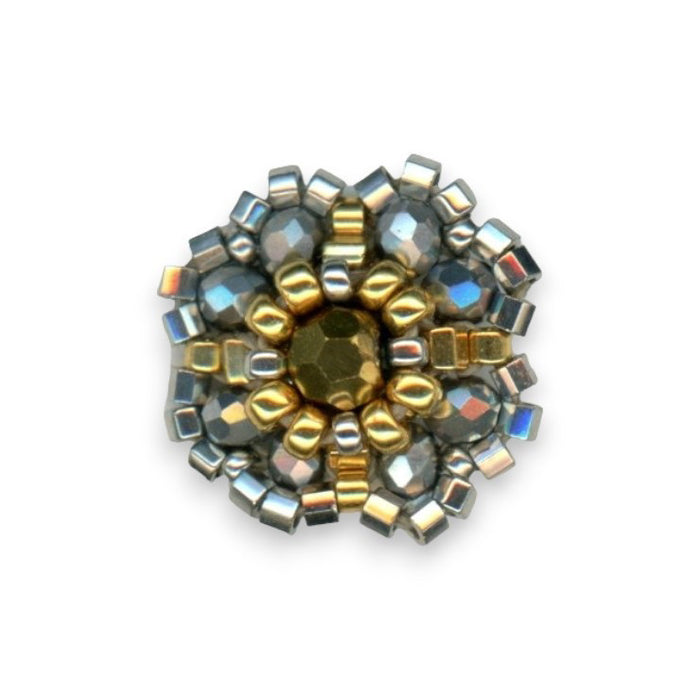 The MIGUEL ASES - BEADED MIYUKI STUD EARRINGS by MIGUEL ASES, INC. are round, American-handcrafted earrings with gold and silver beads in a floral pattern, a faceted gold center, metallic accents, and 14K gold-filled finishes.