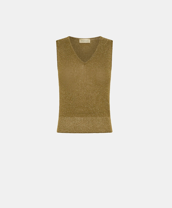 The MOMONI - IXORA KNIT V NECK TANK, a sleeveless blue lurex viscose top, features a deep V-neck displayed against a white background. Its soft, shimmering texture hints at luxury, with a "Made in Italy" label discreetly sewn in the neckline.
