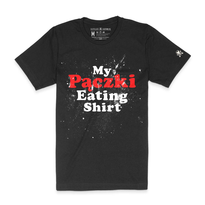 Black crew t-shirt with the text 'My Paczki Eating Shirt' printed in white, featuring a splattered design with red accents.