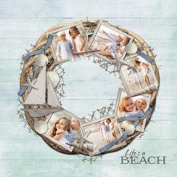 Featuring vintage digital art nautical embellishments, this ocean loving kit, Nostalgic Nautical 1 Digital Scrapbook Kit, will keep you reminiscing about your beach vacation memories! Neutral colors with touches of soft green and blue will make any seaside adventure extra dreamy. Filled with shells, netting, cork floats, buoys, pulleys, antique diving helmet, life preserver, whale, wood signs, portholes, rope, tags, ocean wildlife, and more.