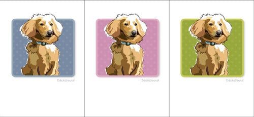 The PAPER RUSSELLS - DACHSHUND BOX NOTES features a fluffy dachshund with a blue collar against a blue polka dot background, printed on recycled paper with "Dachshund" elegantly written beneath.