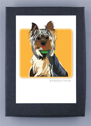 PAPER RUSSELLS - YORKSHIRE TERRIER BOX NOTES by PAPER RUSSELLS features a tan and grey Yorkshire Terrier with a green ball on a yellow background, printed on premium recycled white cards with “Yorkshire Terrier” below.