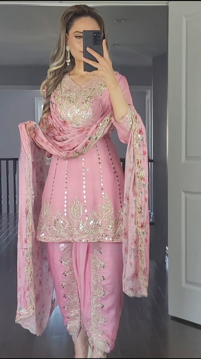 Pink Colour New Party Wear Look Top Dhoti and Print Dupatta Set