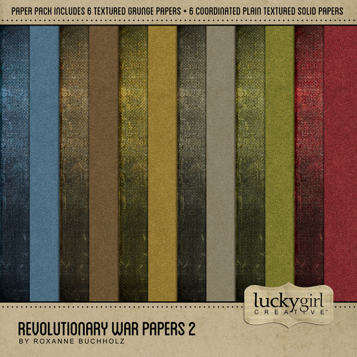 Extensively researched, this vintage American Revolutionary War Papers 2 Digital Scrapbook Kit is great for family genealogy projects. 12 richly colored, textured digital art papers are designed to coordinated with your Revolutionary War projects set around 1775 - 1783, when the 13 American colonies fought Great Britain for their freedom but can be used for everyday projects too.