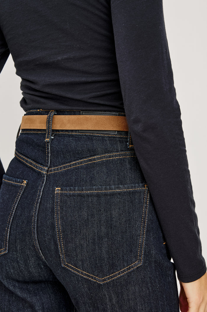Rodeo Belt with a Brown Leather Belt with Belt Loop and a Chunky Gold-Toned Buckle in Brown Suede Colorway - Back View Featured on Model