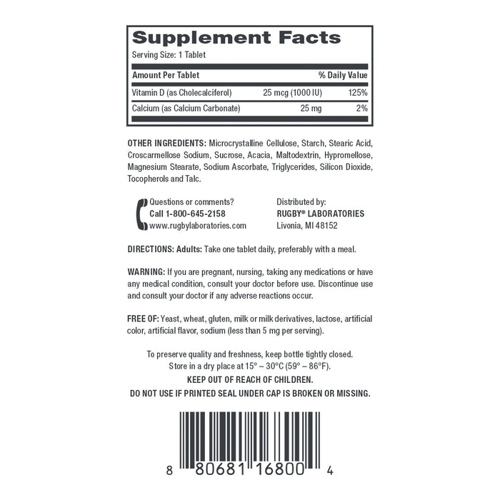 Rugby Vitamin D3 Dietary Supplement, 25 mcg - 80681016800 - LL Medico
