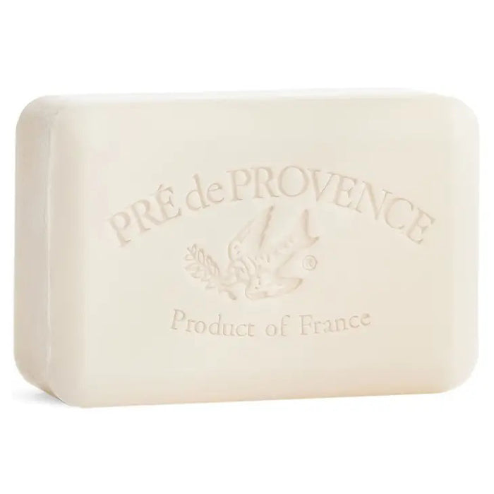 A rectangular, off-white SEA SALT BAR SOAP 250G by EUROPEAN SOAPS, LLC is embossed with a bird and "PRE de PROVENCE," enriched with shea butter for a luxurious French cleansing experience.