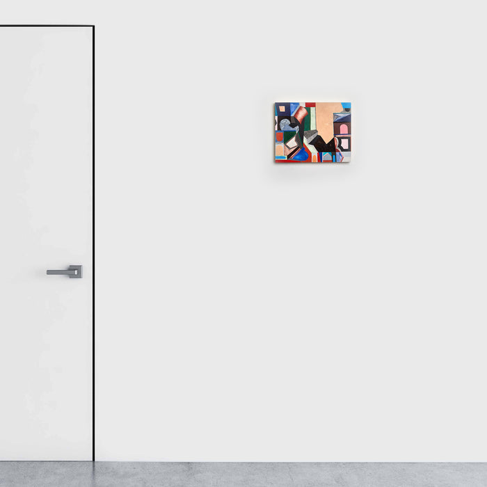 The artwork 'Structure' by Sasha Hallock features geometric abstract composition with bold black angular shapes intersecting with soft peach and blue color blocks. Mixed media on paper mounted on wood creates textural depth, showcasing a modernist aesthetic with architectural elements and balanced asymmetry. 11x14 inches artwork by Sasha Hallock.