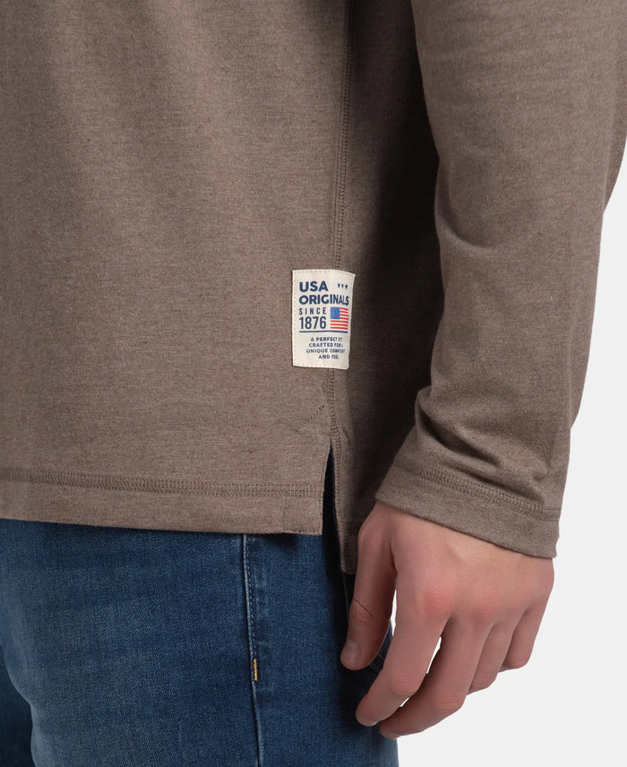 Super Combed Cotton Rich Solid Full Sleeve Henley T-Shirt - Dark Khaki Melange