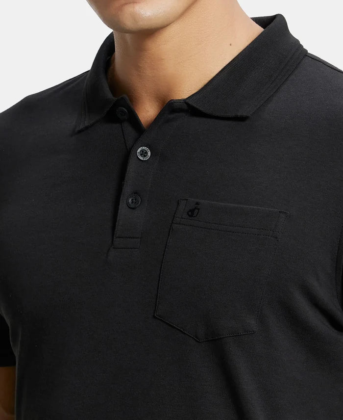 Super Combed Cotton Rich Solid Half Sleeve Polo T-Shirt with Chest Pocket - Black-7