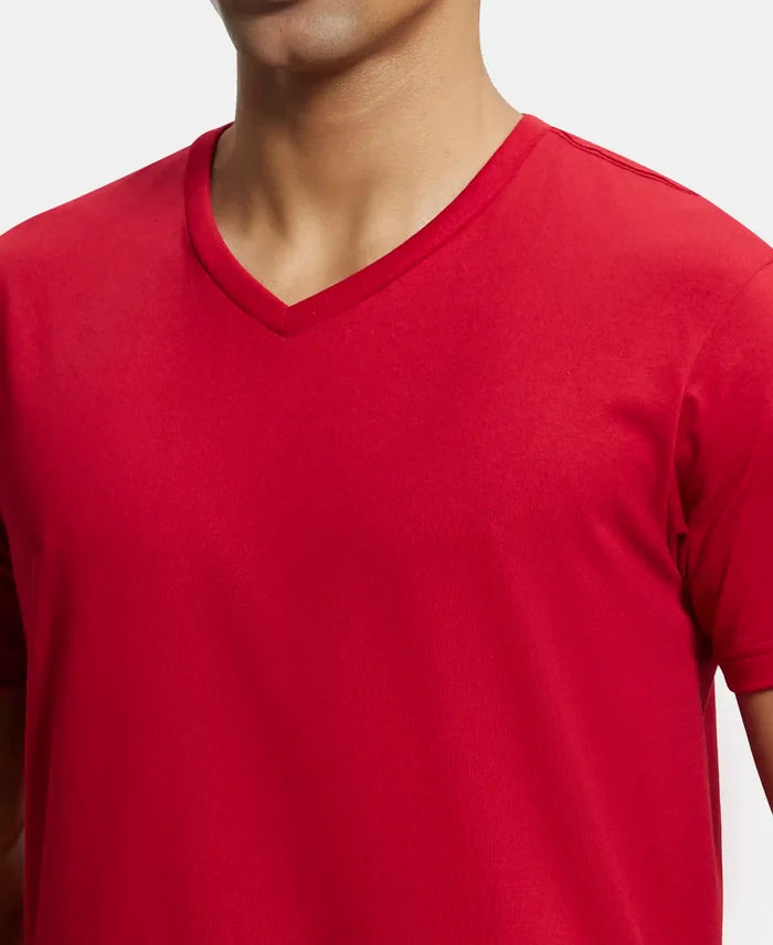 Super Combed Cotton Rich Solid V Neck Half Sleeve T-Shirt - Shanghai Red-6