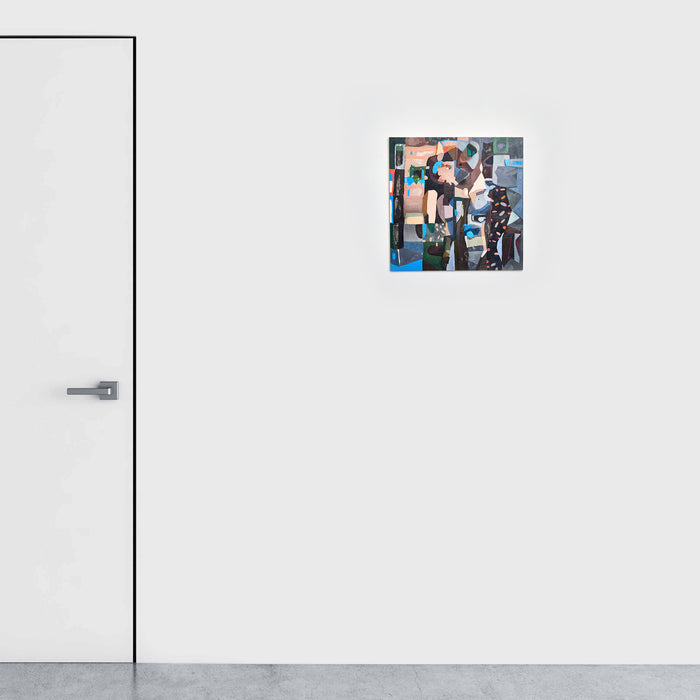 The artwork 'The View from Luna' by Sasha Hallock features an abstract composition with geometric shapes in vibrant blues, blacks, and whites. The piece showcases a dynamic interplay of organic and angular forms, with bold brushstrokes in acrylic and oil creating textural depth on wood panel. Architectural elements merge with fluid patterns, suggesting a lunar-inspired perspective.