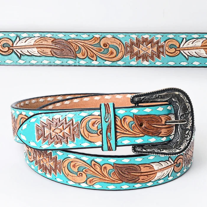 Turquoise and tooled leather belt, style 140742.