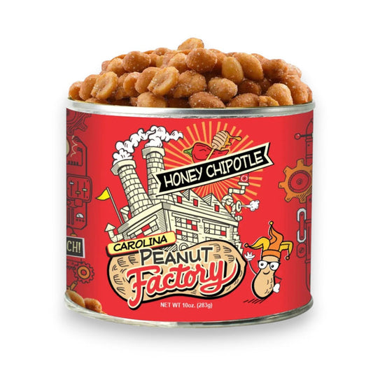 A red can labeled "1949 NUT COMPANY" and "HONEY CHIPOTLE PEANUTS" holds seasoned peanuts. The label shows a cartoon factory and peanut mascot with steam and gears in the background.