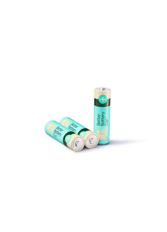 Three teal and cream cylindrical batteries are on a white background; one stands, two lie down. The label says Better Battery Co, symbolizing their carbon-neutral commitment with AA Alkaline Batteries in a zero waste world.