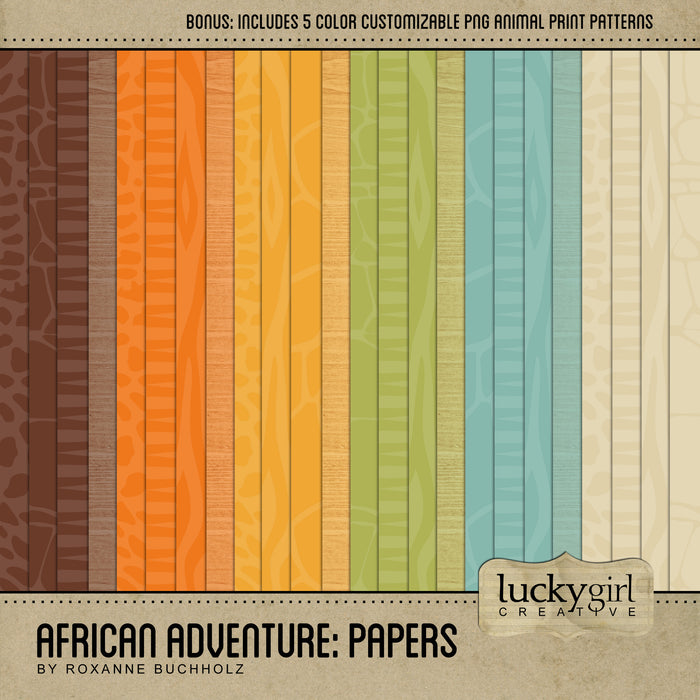 African Adventure Papers Digital Scrapbook Kit is a collection of colorfully patterned digital art papers and matching animal print .png files that coordinates beautifully with the African Adventure Digital Scrapbook Kit. Use the .png files to create your own papers in any color to match your design. This paper collection has a modern color palette of greens, blues, oranges, yellows, browns, and creams. Patterns include: Cheetah, Crocodile, Giraffe, Zebra, Tribal, and a Wood Grain.