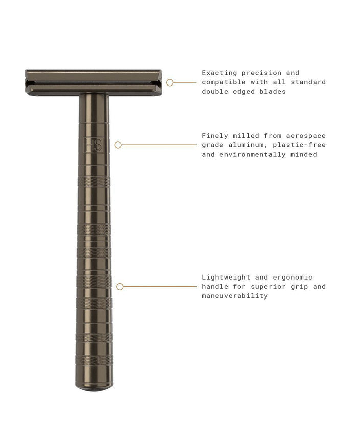 Tan Henson AL13 Safety Razor with features highlighted – Calgary sustainable shaving at Greenbriar Market