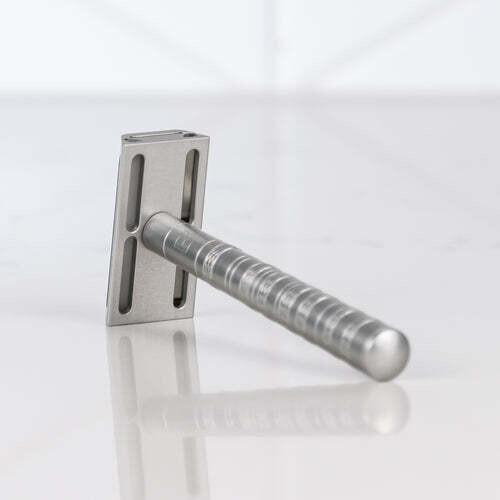 Aircraft Aluminum Henson AL13 Safety Razor on marble – Calgary sustainable shaving from Greenbriar Market