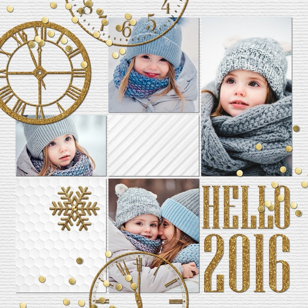 This gold and glitter themed digital scrapbooking bundle, which includes both the All That Glitters Holiday and All That Glitters New Year Digital Scrapbook Kits, is right on trend and perfect for the holiday season, whether for Christmas, Hanukkah, or your New Year's party. This digital art bundle features a photo-realist style that would appeal to anyone and will make the perfect holiday cards and scrapbooking pages.