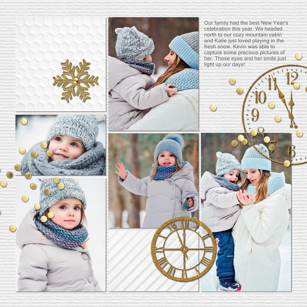 This gold and glitter themed digital scrapbooking bundle, which includes both the All That Glitters Holiday and All That Glitters New Year Digital Scrapbook Kits, is right on trend and perfect for the holiday season, whether for Christmas, Hanukkah, or your New Year's party. This digital art bundle features a photo-realist style that would appeal to anyone and will make the perfect holiday cards and scrapbooking pages.