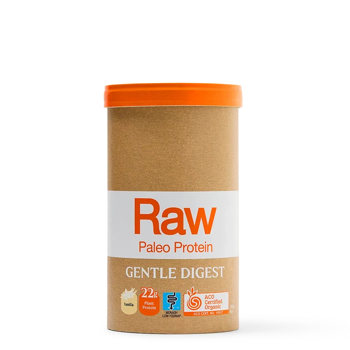 Container of Raw Paleo Protein with a white label and orange lid on a white background