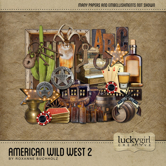 The antique color palette of the American Wild West 2 Digital Scrapbook Kit by Lucky Girl Creative features western-themed art focusing on the Wild, Wild West - life in saloons, on the trail, and behind bars. Included are many western elements such as cowboy boots and spurs, and whiskey glass, cactus plus an adorable jackalope.