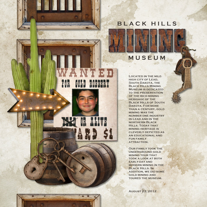 The antique color palette of the American Wild West 2 Digital Scrapbook Kit by Lucky Girl Creative features western-themed art focusing on the Wild, Wild West - life in saloons, on the trail, and behind bars. Included are many western elements such as cowboy boots and spurs, and whiskey glass, cactus plus an adorable jackalope.