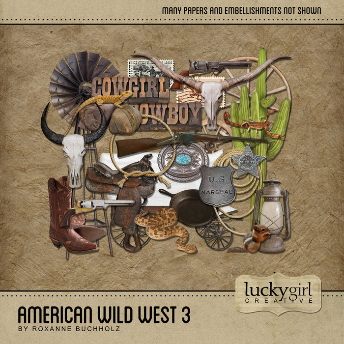 The antique color palette in the American Wild West 3 Digital Scrapbook Kit features western-themed digital art focusing on cowboy life on the prairie. Included are many western elements such as cowboy boots and spurs, sheriff badges, open wagons, covered wagon, ropes and rope frames, lantern, skulls, wagon wheels, belt buckles, cactus, windmill, cast iron skillet, saddle, saddle bag, guns, nails, powder horn, horseshoe, leather cuffs, dinner bell, barbed wire, pony express elements, and postage stamps.