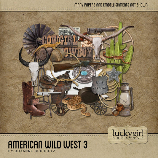 The antique color palette in the American Wild West 3 Digital Scrapbook Kit features western-themed digital art focusing on cowboy life on the prairie. Included are many western elements such as cowboy boots and spurs, sheriff badges, open wagons, covered wagon, ropes and rope frames, lantern, skulls, wagon wheels, belt buckles, cactus, windmill, cast iron skillet, saddle, saddle bag, guns, nails, powder horn, horseshoe, leather cuffs, dinner bell, barbed wire, pony express elements, and postage stamps.
