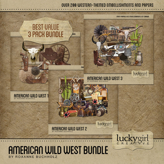 The most popular of all the Lucky Girl Creative digital art collections with its antique Western theme, the American Wild West Bundle is the perfect collection for all your rodeo and cowboy scrapbook pages, western websites, and other projects. The antique color palette features white-washed elements, rustic wood tones, metal pieces, and natural leather textures. The bundled kit combines 3 of the most popular Western themed collections to bring you the best value possible.