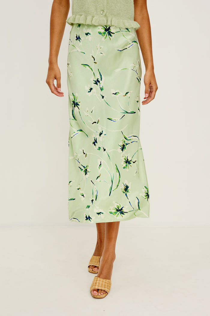 Anya High-Waisted Midi Skirt in Satin Crepe With Side Slit in Mint Linnea Colorway - Lower Body Front View Featured on Model