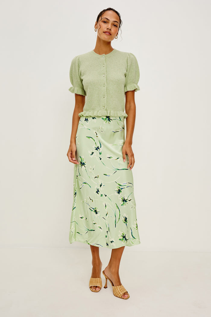 Anya High-Waisted Midi Skirt in Satin Crepe With Side Slit in Mint Linnea Colorway - Full Body Front View Featured on Model