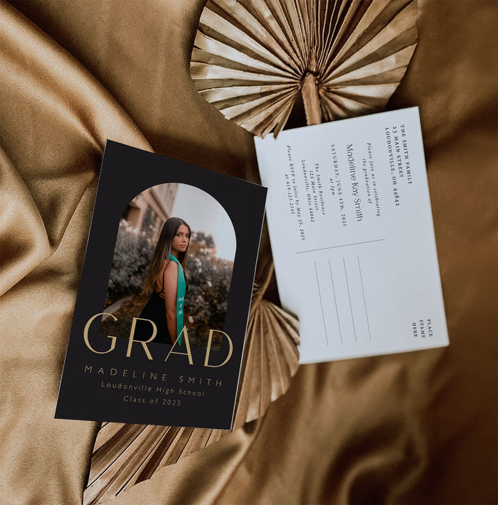 Arch Black & Gold Transparent Graduation Postcard