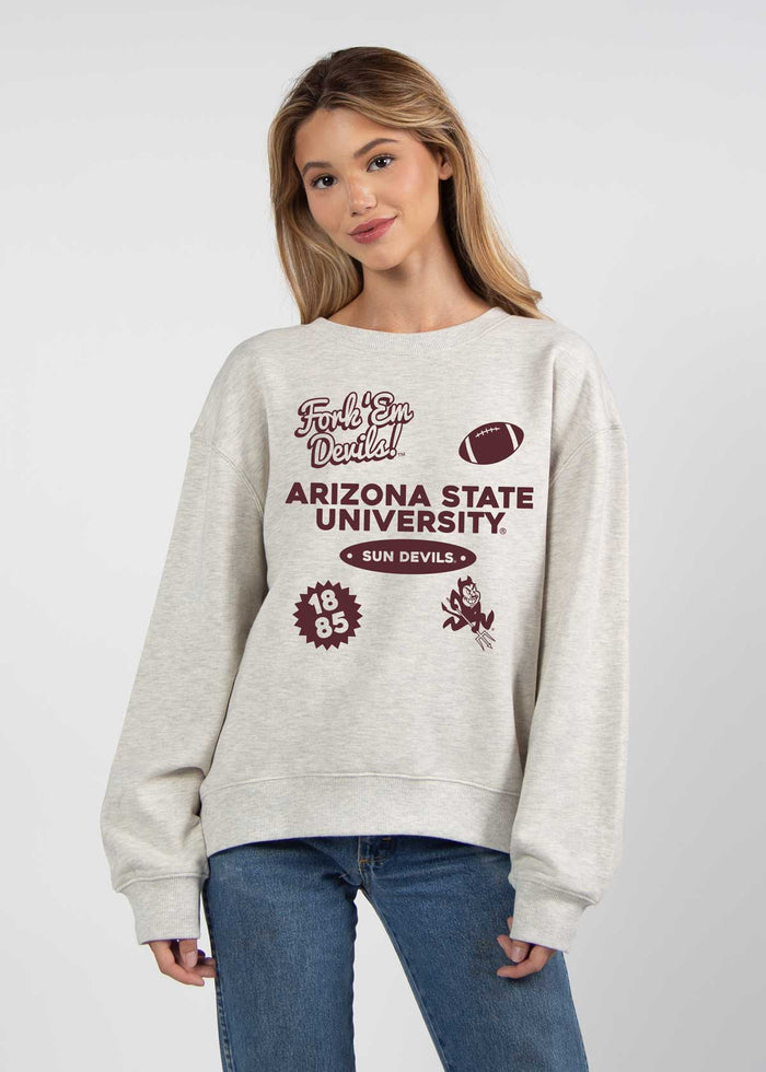 Arizona State Sun Devils Women's Ash-Grey Relaxed Heavyweight Fleece Sweatshirt with Dropped shoulders, crew neckline, back center seam and ribbed neckline, cuffs and hem
