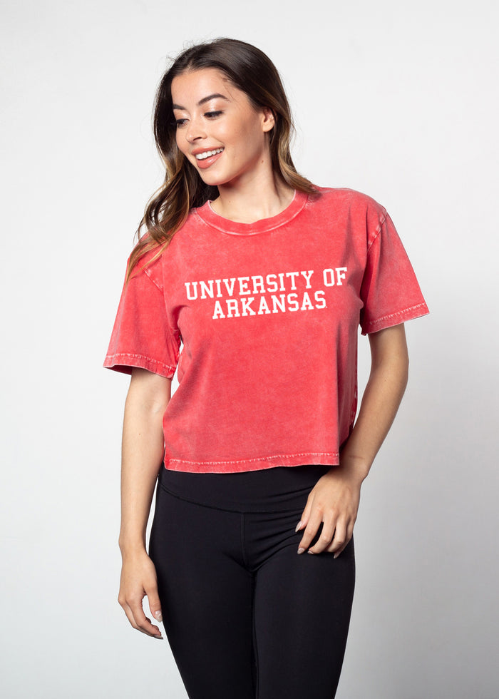 Arkansas Razorbacks Women's Cardinal Relaxed, boxy Mineral wash T-Shirt with Crew neck and short sleeves