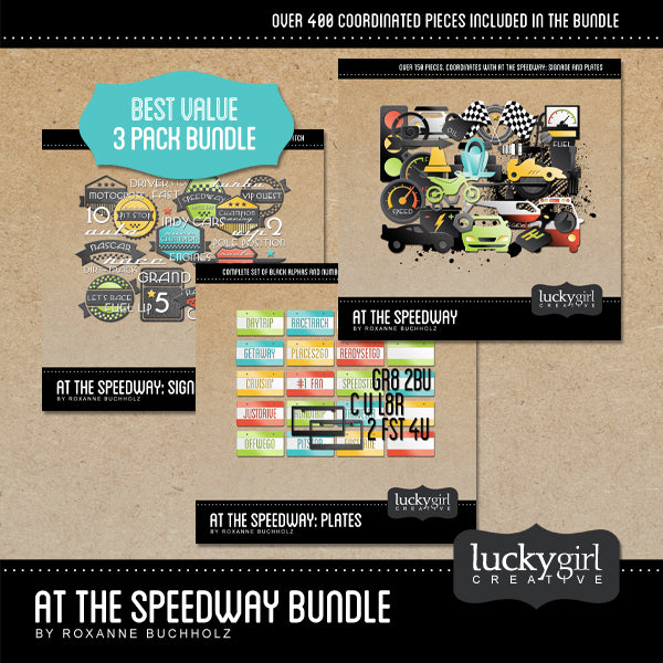 An expansive collection, the At the Speedway Digital Scrapbook Bundle by Lucky Girl Creative is a fun and contemporary set of raceway and vehicle themed digital art pieces. With over 300 embellishments and word art pieces between the three coordinating At the Speedway Digital Scrapbook Kits, this collection is sure to have something for everyone! At the Speedway Digital Scrapbook Kit, the main collection, contains all of the motorcycles, automobiles, and helicopters you could ever desire.