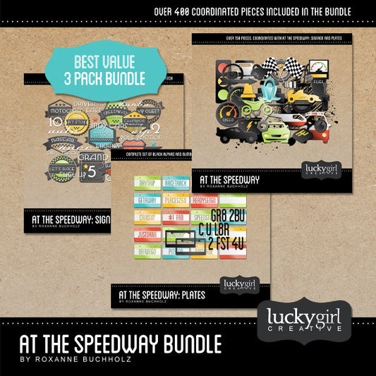An expansive collection, the At the Speedway Digital Scrapbook Bundle by Lucky Girl Creative is a fun and contemporary set of raceway and vehicle themed digital art pieces. With over 300 embellishments and word art pieces between the three coordinating At the Speedway Digital Scrapbook Kits, this collection is sure to have something for everyone! At the Speedway Digital Scrapbook Kit, the main collection, contains all of the motorcycles, automobiles, and helicopters you could ever desire.