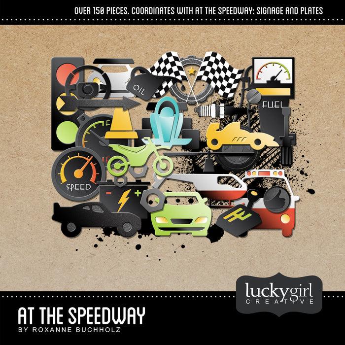 An expansive collection, the At the Speedway Digital Scrapbook Kit by Lucky Girl Creative is a fun and contemporary set of raceway and vehicle themed digital art pieces. With over 300 embellishments and word art pieces between the three coordinating At the Speedway Digital Scrapbook Kits, this collection is sure to have something for everyone! At the Speedway Digital Scrapbook Kit, the main collection, contains all of the motorcycles, automobiles, and helicopters you could ever desire!