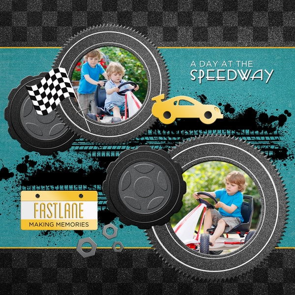 An expansive collection, the At the Speedway Digital Scrapbook Kit by Lucky Girl Creative is a fun and contemporary set of raceway and vehicle themed digital art pieces. With over 300 embellishments and word art pieces between the three coordinating At the Speedway Digital Scrapbook Kits, this collection is sure to have something for everyone! At the Speedway Digital Scrapbook Kit, the main collection, contains all of the motorcycles, automobiles, and helicopters you could ever desire!