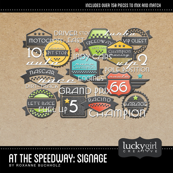At the Speedway Signage Digital Scrapbook Kit contains digital art labels, stamps, word art, and everything you could want to create your own custom word art and titles. The style and colors coordinate perfectly with the rest of the At the Speedway Digital Scrapbook Kit collections.