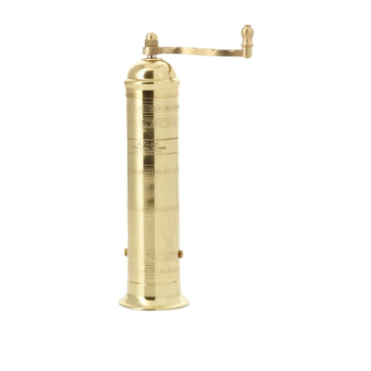 The ATLAS BRASS PEPPER MILL 9 by PEPPER MILL IMPORTS is a tall, cylindrical brass pepper mill with an ornate top handle and 3DCut grinding system, shown standing upright against a white background.